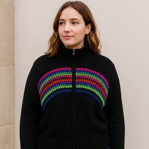 Ralph Lauren RL Active Black Rainbow Stripe Knit Sweater Zip Front Women’s XL
